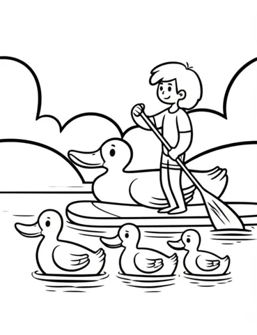 A family of ducks following a paddle-boarder through a river