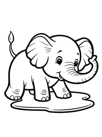 A cute and curious elephant calf exploring a puddle with its trunk