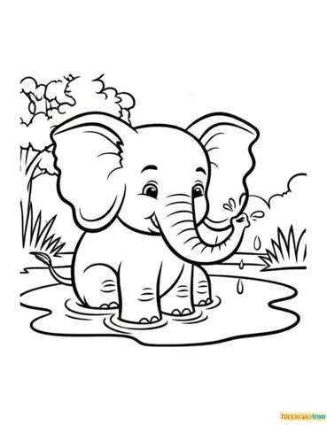Get creative with our collection of coloring pages featuring a happy elephant calf cooling off in a puddle with its trunk. Let your child's imagination run wild with these fun and playful scenes.