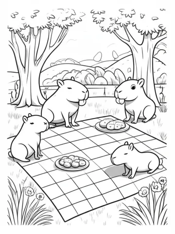 Get ready for a fun picnic in the forest with these adorable coloring pages of a group of capibaras! Let your imagination run wild as you color in these cute and playful scenes.