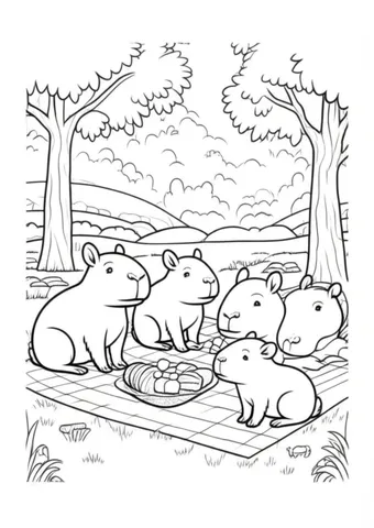 Get ready to bring the adorable capibaras to life with our collection of coloring pages! Join them as they enjoy a fun picnic in the forest, surrounded by beautiful nature and delicious treats.