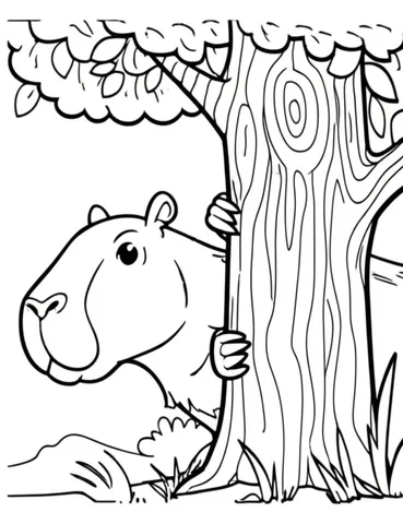A mischievous capibara peeking out from behind a colorful tree