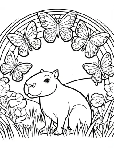 Explore the magical world of A Capibara and its colorful friends in this collection of coloring pages. Let your creativity soar as you bring these adorable creatures to life in a beautiful meadow filled with rainbows and butterflies.