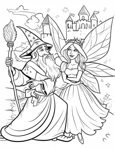 Unleash your imagination and join the magical adventure with these coloring pages of a wizard and a fairy working together to defeat an evil sorcerer in a thrilling castle battle. Let your creativity soar as you bring these enchanting characters and their epic battle to life.