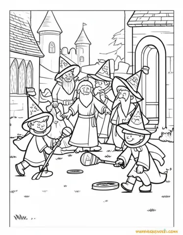 Bring the magical world of quidditch to life with our coloring pages featuring a group of wizards and mystical creatures playing the beloved game in a castle courtyard. Perfect for kids and adults alike, these pages will transport you to a world of fantasy and wonder.