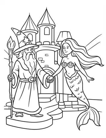 Get ready for a magical adventure with our coloring pages of a wizard and a mermaid exploring the underwater castle of the sea witch! Let your creativity soar as you bring this enchanting scene to life with your favorite colors.