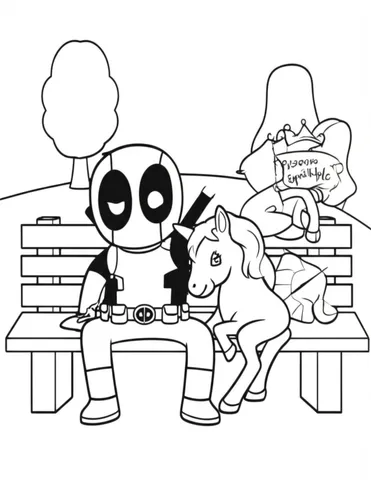 A peaceful day in the park as Dead-Pool relaxes on a bench with his pet unicorn, Princess Sparkle