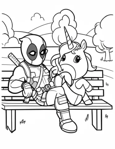 A peaceful day in the park as Dead-Pool relaxes on a bench with his pet unicorn, Princess Sparkle