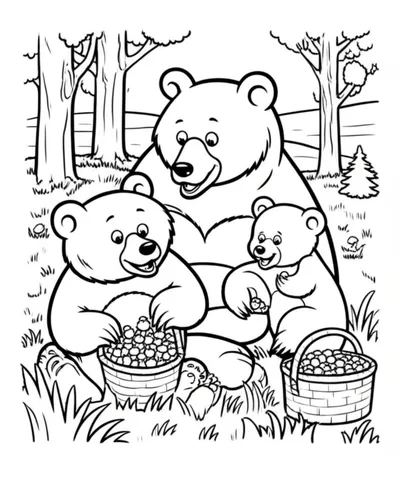 Explore the forest with a bear family as they pick juicy berries in this fun and interactive coloring page. Perfect for kids who love nature and animals!
