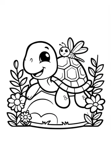 Find the perfect coloring page for your child with a happy turtle sunbathing on a rock with a dragonfly perched on its shell, surrounded by beautiful flowers and plants. Let their imagination run wild with this fun and colorful scene!