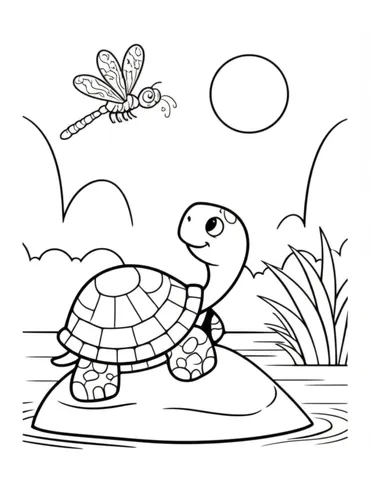 Enjoy a peaceful afternoon with a friendly turtle and a colorful dragonfly on a sunny rock by the pond. Download and print these fun coloring pages to bring this scene to life!