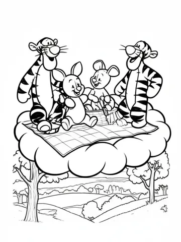 Get ready to join Tigger and his friends for a fun picnic on a cloud trampoline with a view of the Hundred Acre Wood! These coloring pages are perfect for kids and adults who love Winnie the Pooh and his friends. Let your imagination soar as you bring this whimsical scene to life with bright colors.