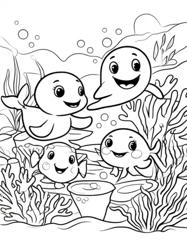Get ready for an underwater adventure with these coloring pages of a group of friendly sea creatures exploring a colorful coral reef! Let your imagination swim with colorful fish, playful dolphins, and curious octopuses as they discover the wonders of the ocean.