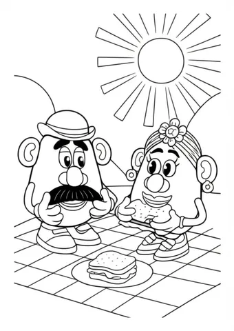 Join Mr. Potato Head and Mrs. Potato Head in their silly picnic adventure! Print and color these fun and playful scenes of the beloved characters enjoying a picnic together.