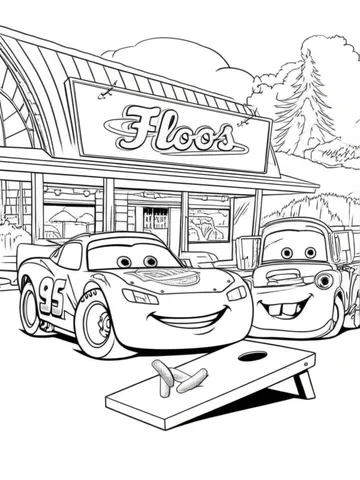 Get ready to color with Lightning McQueen and his friends as they have a blast playing cornhole at their BBQ at Flo's V8 Cafe. These fun and vibrant coloring pages will bring the excitement of the Cars universe to life.