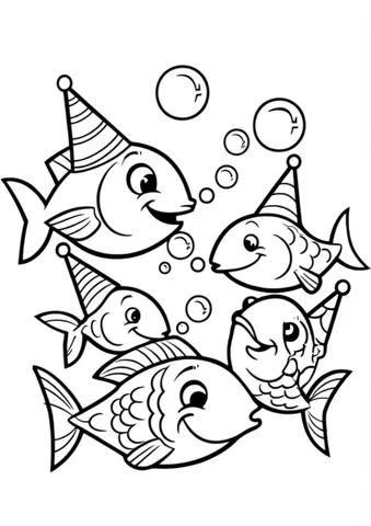 Discover a world of underwater fun with our coloring pages of a group of fish wearing party hats and blowing bubbles! These playful designs will keep your child entertained for hours, while also developing their creativity and fine motor skills. Perfect for kids who love fish, parties, and all things colorful.