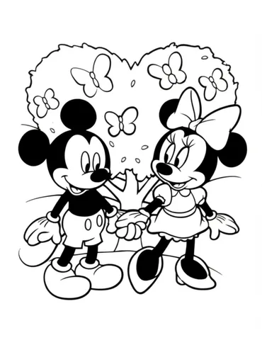 Bring the magic of Disney to your Valentine's Day with this adorable coloring page featuring Mickey and Minnie sharing a kiss under a heart-shaped tree. Print it out for your little ones to color and add to their collection of Disney coloring pages.