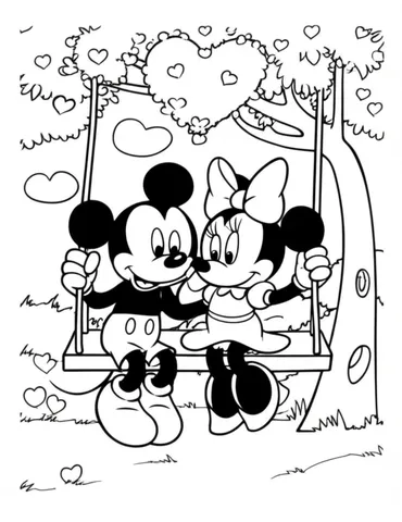 Get ready to color the cutest scene of Mickey and Minnie sitting on a swing under a heart-shaped tree, surrounded by heart-shaped clouds. This coloring page is perfect for kids and adults who love Disney characters and romantic settings.