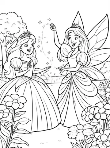A princess and her fairy godmother casting spells in a magical garden