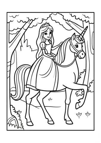 A princess riding a majestic unicorn through a magical forest