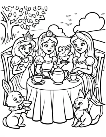 Bring your child's imagination to life with our collection of coloring pages featuring princesses and their animal friends enjoying a delightful tea party. Let your child's creativity soar as they color in these charming scenes filled with tea cups, treats, and magical animal companions.