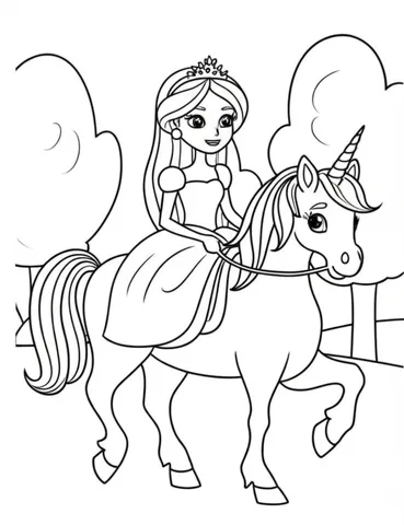 Bring your child's imagination to life with our collection of coloring pages featuring a princess riding a majestic unicorn through a magical forest. Let them explore the enchanting world of fairytales and create their own colorful adventures.