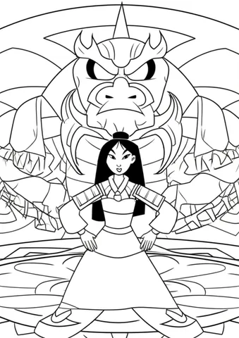 Get ready to color your favorite scene from Disney's Mulan with this exciting coloring page! Join Mulan in her final showdown with the villain in the center of the mandala battlefield. Use your creativity and imagination to bring this epic scene to life with your coloring skills.