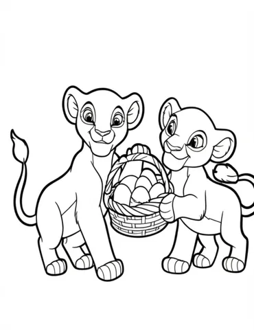 Get ready for some Easter fun with these adorable coloring pages of Nala and Simba! Help Nala balance her basket of Easter eggs while Simba lends a helping paw. Perfect for kids and adults alike.