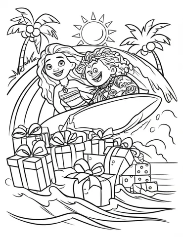 Get into the holiday spirit with Moana and Maui as they ride a wave of Christmas presents on these festive Disney coloring pages. Perfect for kids and adults alike, these pages feature the beloved characters from the hit movie Moana, bringing a touch of tropical fun to your Christmas celebrations.