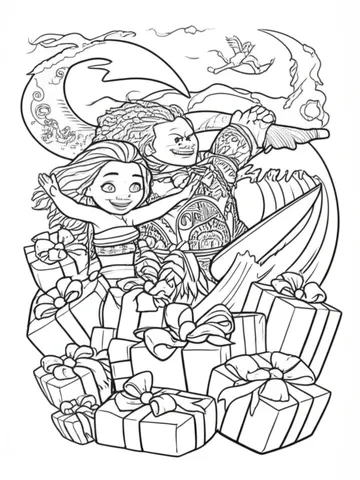 Get ready for some festive fun with these coloring pages featuring Moana and Maui surfing on a wave of Christmas presents. Perfect for kids and adults alike, these pages will bring the holiday spirit to life with vibrant colors and playful scenes.