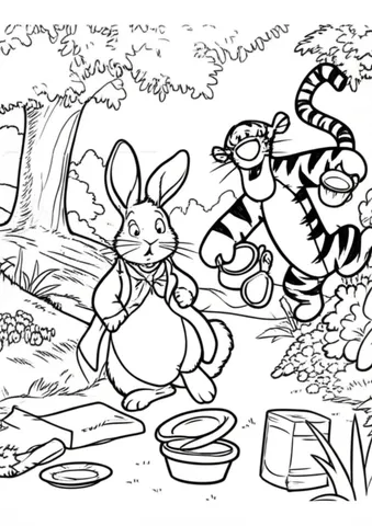 Join Rabbit and Tigger on their hilarious journey as Rabbit tries to keep everything in order while Tigger bounces around with a teacup in hand. These adorable coloring pages will bring joy and laughter to kids and adults alike.
