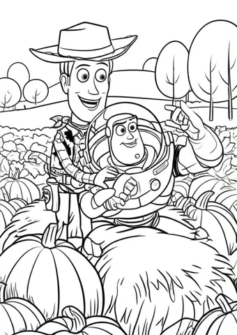Buzz Lightyear and Woody riding on a hayride through a pumpkin patch