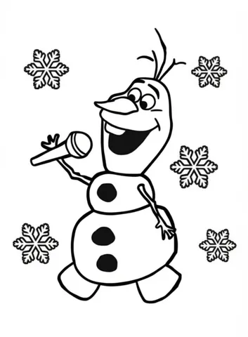Olaf wearing a disco outfit and singing into a microphone surrounded by snowflakes