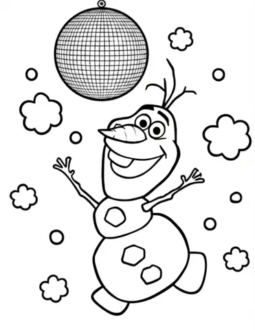 Olaf dancing under a disco ball with snowflakes falling around him