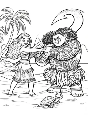 Get ready to hula with Moana and Maui as they dance on the beach with their animal friends! These Disney coloring pages are perfect for kids who love to dance and love the movie Moana.