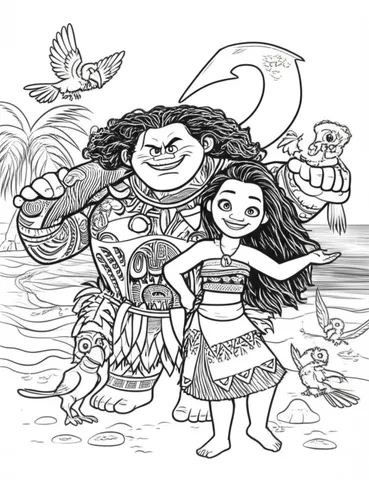 Get ready to hula with Moana and Maui on the beach surrounded by colorful birds! Our coloring pages feature this dynamic duo in vibrant scenes that will bring joy to kids and adults alike. Explore the beautiful world of Moana and Maui as you color in these fun and imaginative pages.