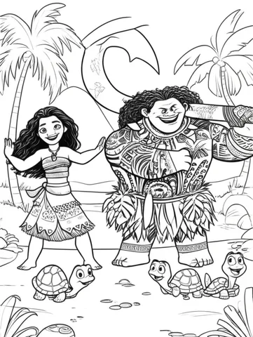 A group of dancing turtles joining in on the fun with Moana and Maui