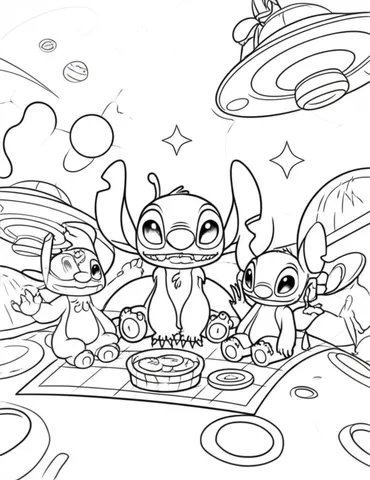Stitch and his friends having a picnic on the moon, surrounded by flying cars and space-themed decorations