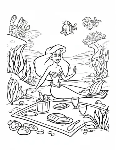 Get ready for some underwater fun with Ariel and her friends! These coloring pages feature the Little Mermaid and her pals enjoying a picnic on a sandy beach in the beautiful coral reef. Let your imagination swim as you color in these adorable scenes.