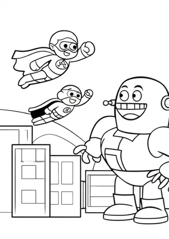 A group of superheroes saving the city from a giant robot invasion