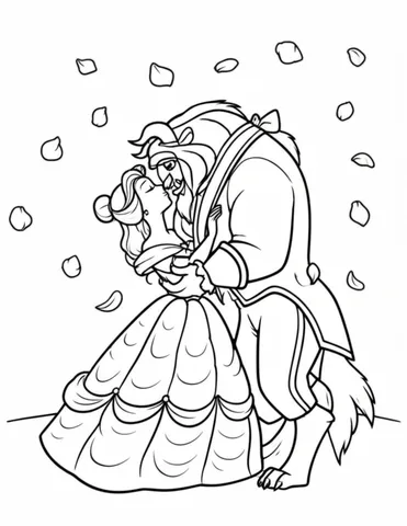Find the perfect coloring pages of Belle and the Beast sharing a romantic kiss as the rose petals fall around them. Let your imagination run wild with these beautiful scenes from the classic fairytale. Perfect for kids and adults alike!
