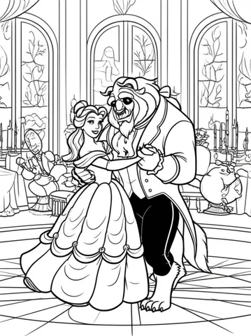 Belle and the Beast dancing in the ballroom with Lumiere and Mrs. Potts singing in the background