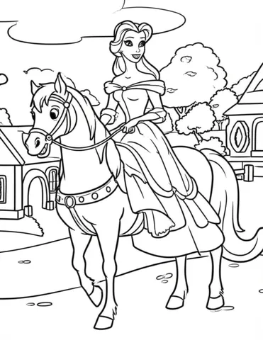 Get ready for a magical adventure with Belle and her horse Philippe! These coloring pages will take you on a scenic ride through the village, where you'll encounter charming sights and meet friendly characters. Perfect for kids who love Disney's Beauty and the Beast.