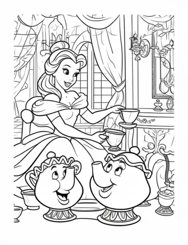Join Belle, Mrs. Potts, and Chip for a magical tea party in the castle with these fun and whimsical coloring pages. Let your imagination run wild as you bring this enchanting scene to life with your own unique colors.