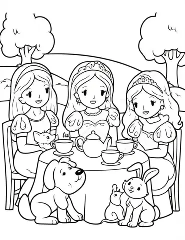 Welcome to our magical coloring pages of A Group of Princesses Having a Tea Party with Their Animal Friends! Join these lovely princesses and their furry companions for a fun and fancy tea party. Let your imagination run wild and bring these enchanting scenes to life with your favorite colors.