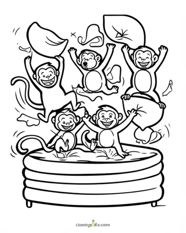 Bring the classic nursery rhyme to life with our fun and playful coloring page featuring a group of five little monkeys jumping on a bed and having a pillow fight. Perfect for kids who love monkeys and Disney characters!