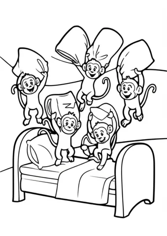 A group of five little monkeys jumping on a bed and having a pillow fight