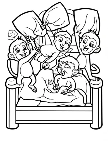 A group of five little monkeys jumping on a bed and having a pillow fight