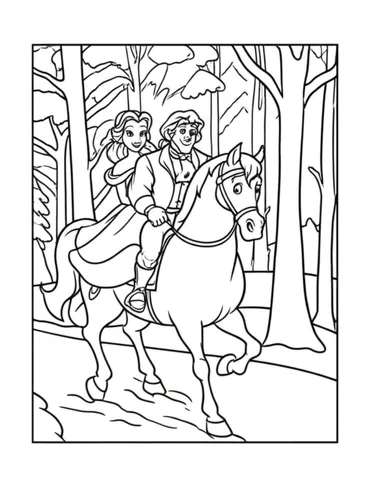 Belle and the Beast riding on Philippe through the snowy forest