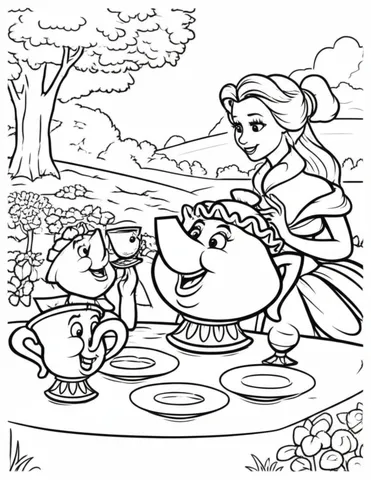Join Mrs. Potts, Chip, and Belle for a delightful tea party in the castle's beautiful garden! Color in this charming scene and bring it to life with your imagination.